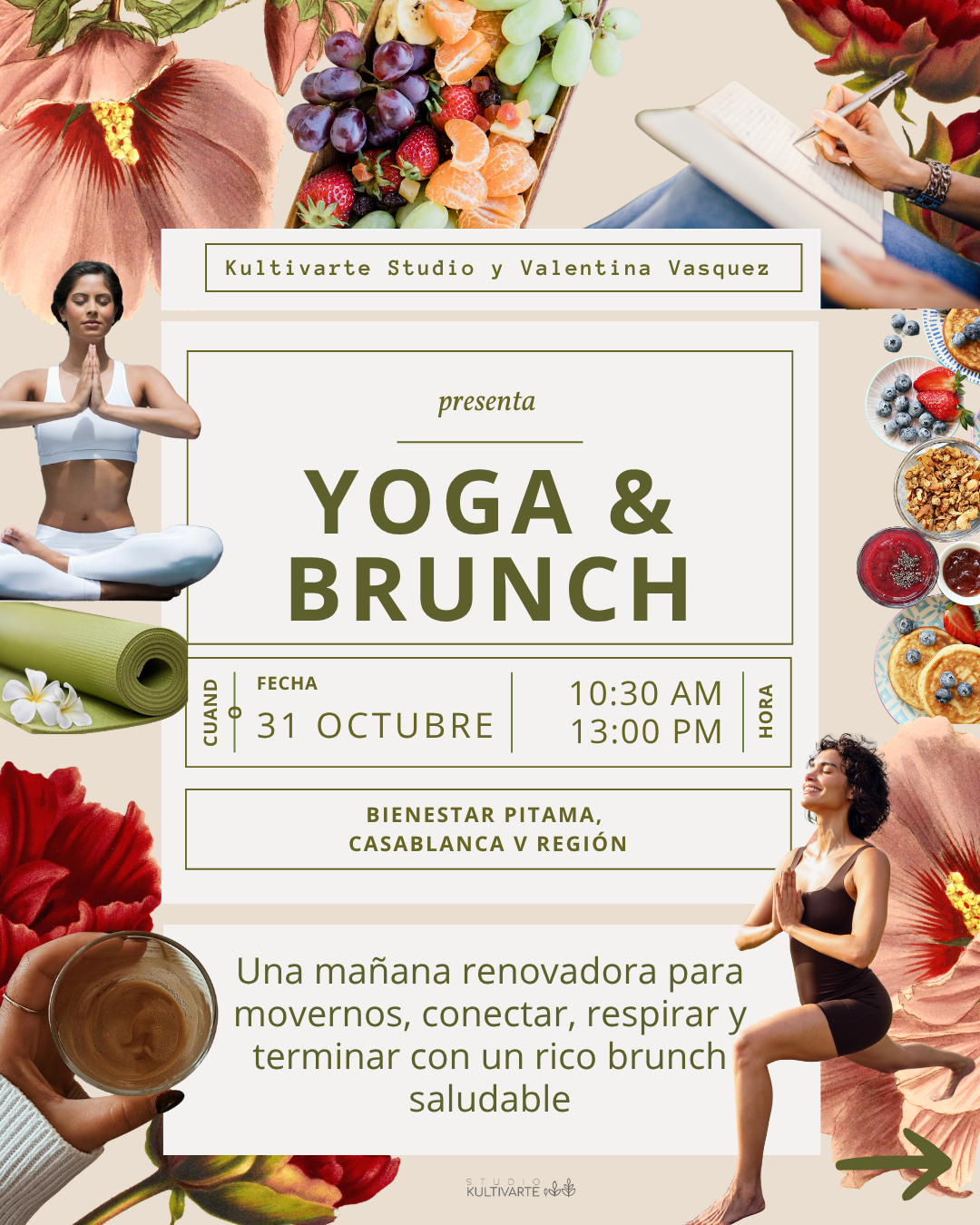 Afiche del evento Yoga & Brunch de Kultivarte Studio y Valentina Vasquez