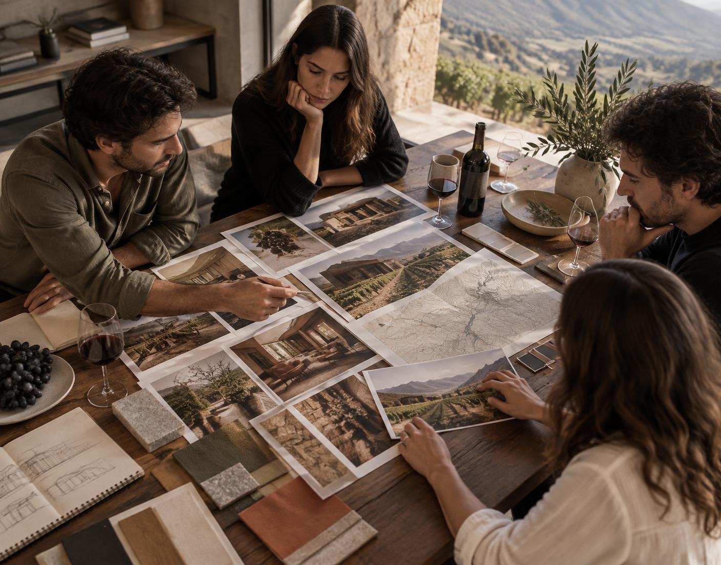 Equipo diseñando estrategias para turismo, vino y hospitalidad